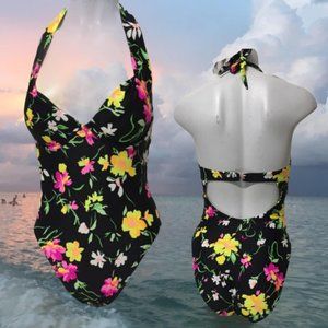 sz small black yellow pink floral halter neck one